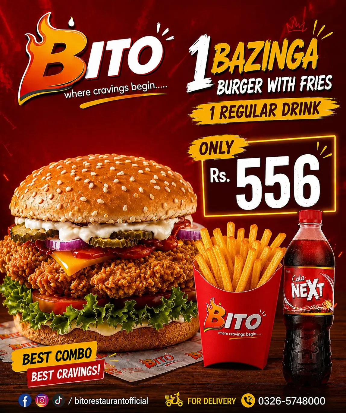 Bazinga Burger with fries 1 Reg Drink